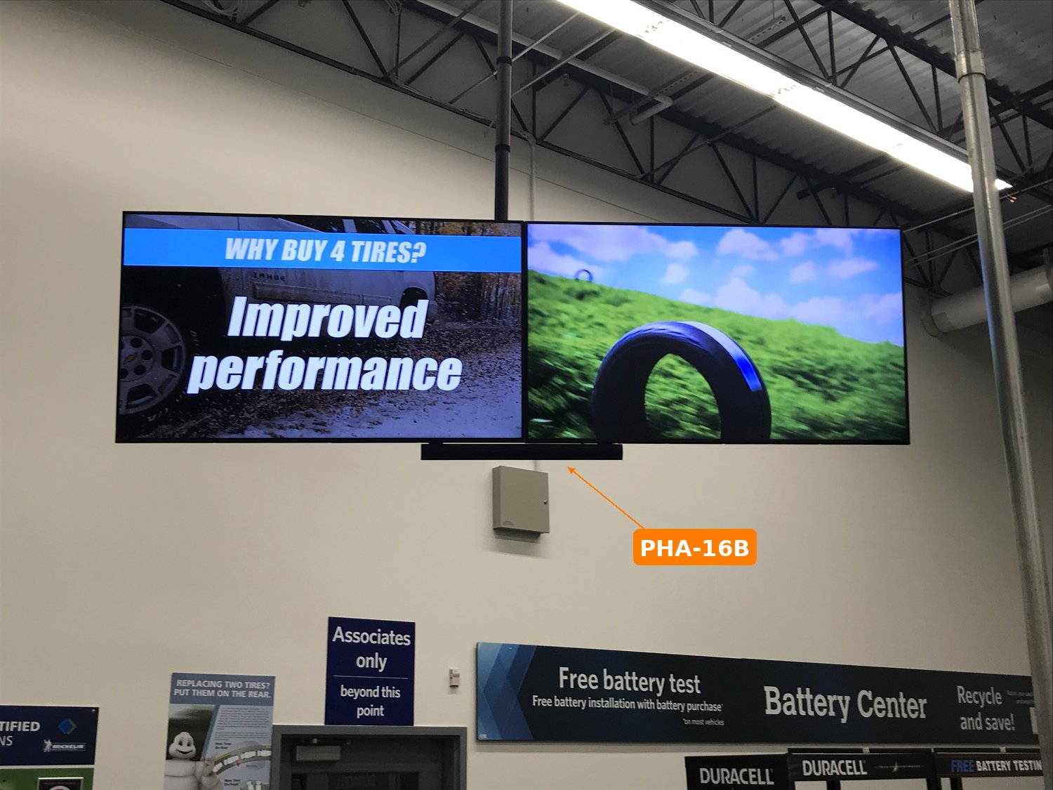 Tire & Battery Center menu board - PHA-16B below the screens, MBA-120-PS hidden behind them