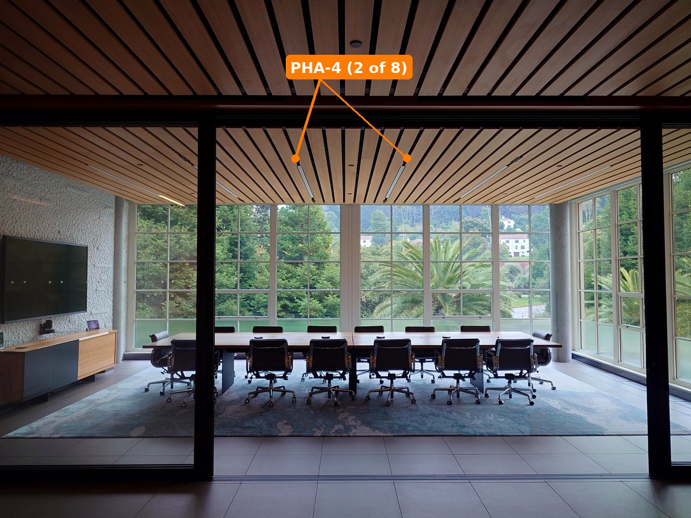 Eight PHA-4 arrays hidden in a wood-slat boardroom ceiling at One Letterman, The Presidio