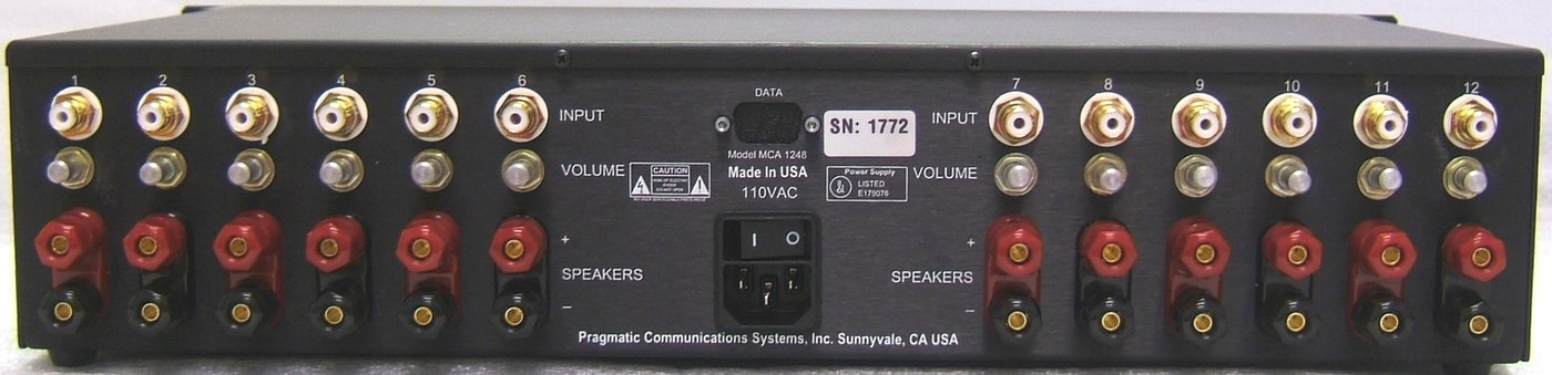 MCA-1248 rear panel - 12 channels: RCA input, volume trim and speaker binding posts per channel