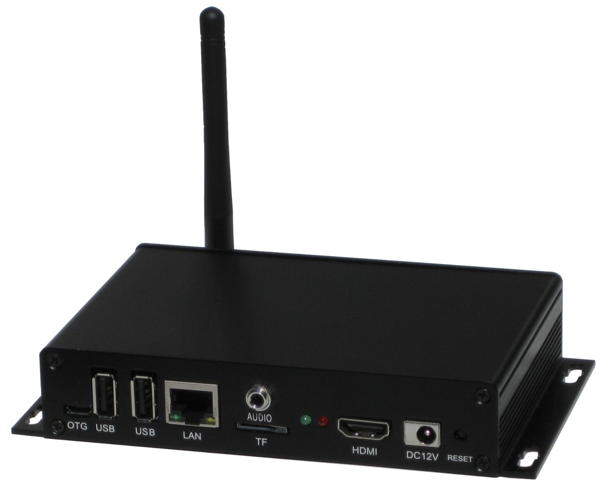 PDP-1-4K rear panel - micro-USB OTG, 2× USB, LAN, 3.5 mm audio, TF card slot, HDMI and 12 VDC input