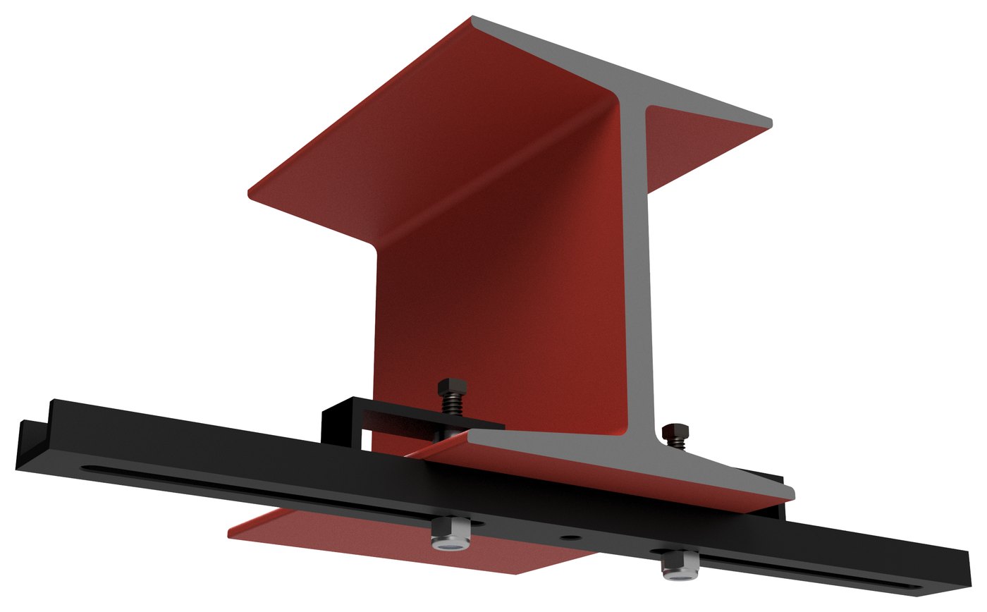 PHA-RIMTKT clamped to a red-iron I-beam - the slotted rail carries the PHA speaker; each bracket clamps to the beam with two pairs of screws